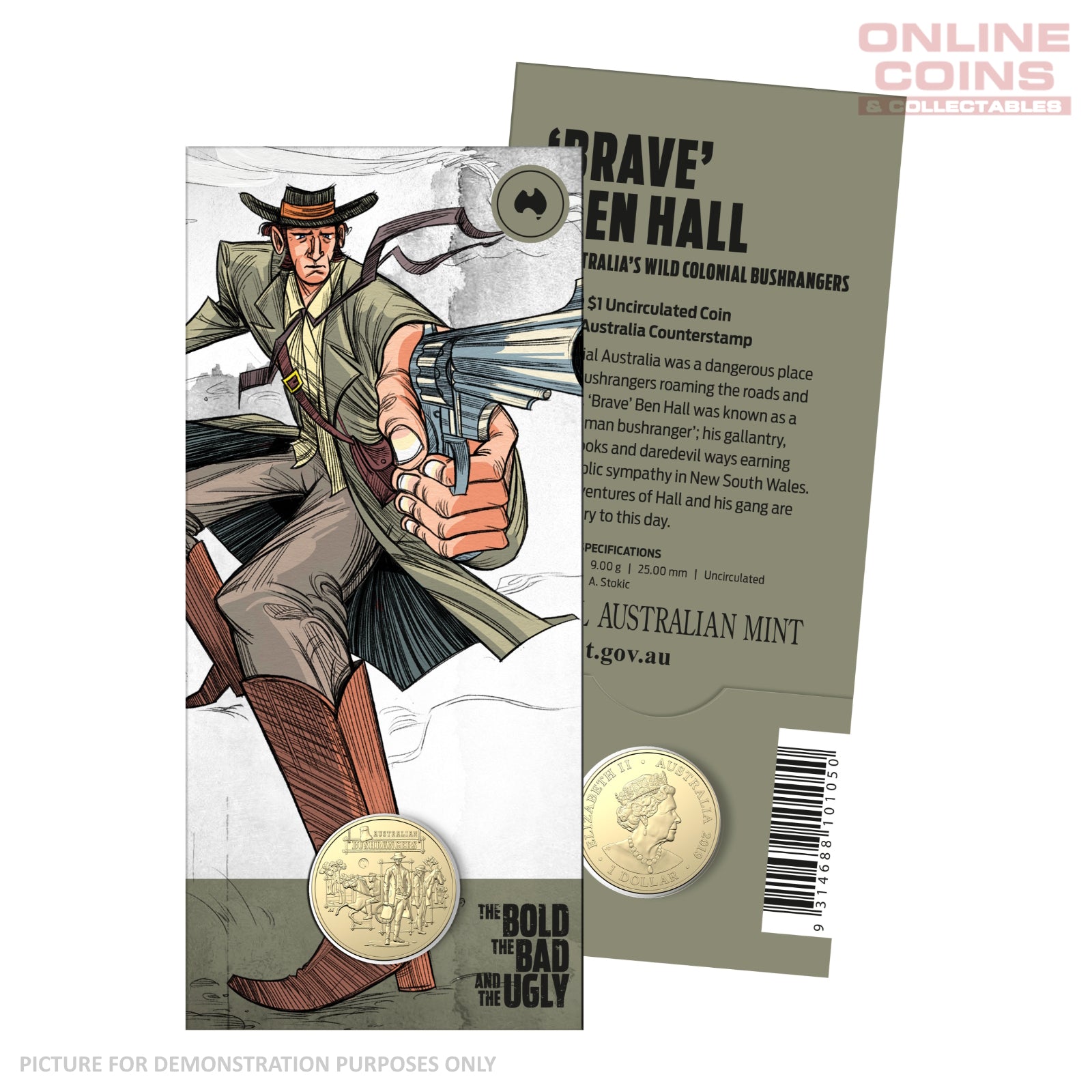 2019 $1 AlBr Australia Map Counterstamp Uncirculated Carded Coin - Ben Hall